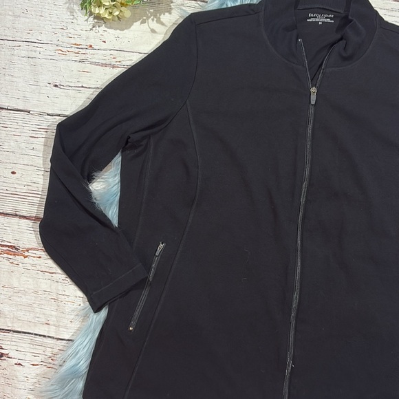 Eileen Fisher Black Zip Front Lounge Pocket Lightweight Jacket Sweatshirt - Picture 2 of 8